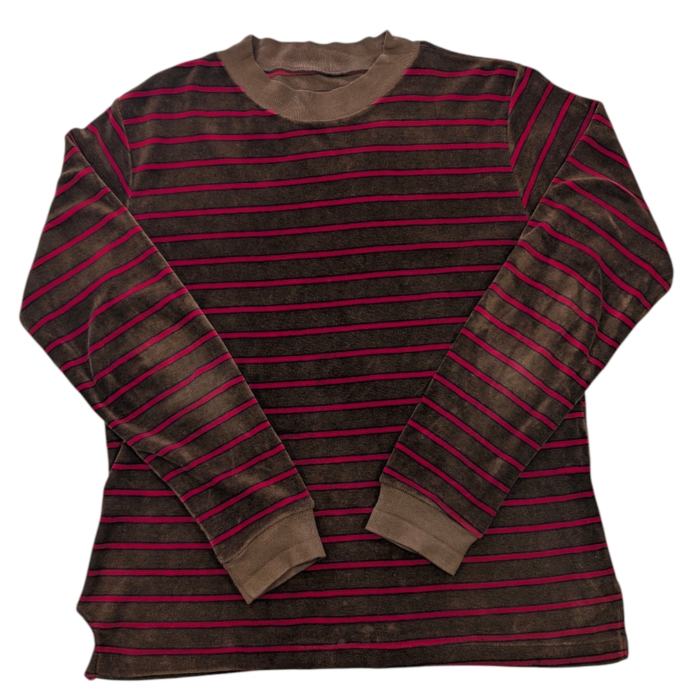 Vintage brown & red striped, cotton velour pull on  top. Small. Beaver Shirt Co.
